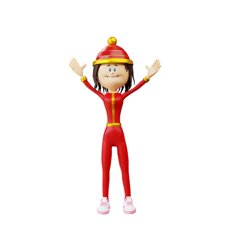 3 D Character Chinese Woman Raise Both Hands Pose Illustration Object 3D Illustration
