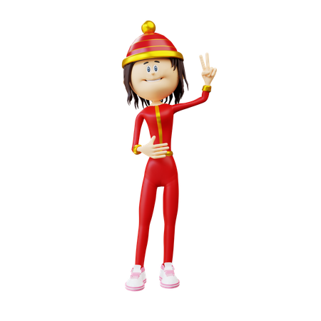 Chinese woman showing victory sign 3D Illustration