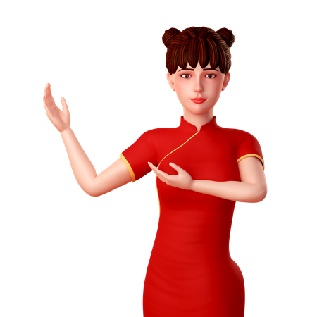 Chinese Woman standing and showing something in right  3D Illustration