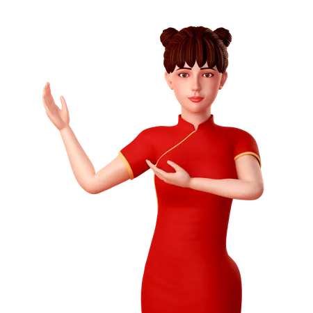 Chinese Woman standing and showing something in right  3D Illustration