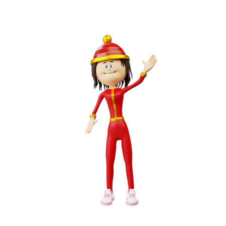 3 D Character Chinese Woman Waving Pose Illustration Object 3D Illustration