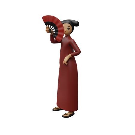 Chinese young girl giving standing pose while holding chinese fan 3D Illustration