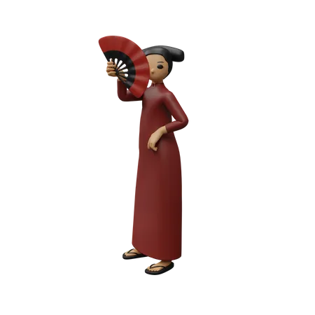 Chinese young girl giving standing pose while holding chinese fan 3D Illustration
