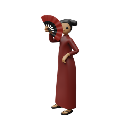 Chinese young girl giving standing pose while holding chinese fan  3D Illustration