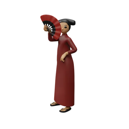 Chinese young girl giving standing pose while holding chinese fan  3D Illustration