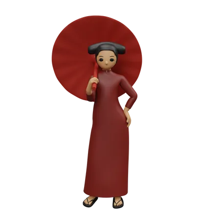 Chinesische Dame in stehender Pose mit chinesischem Regenschirm  3D Illustration