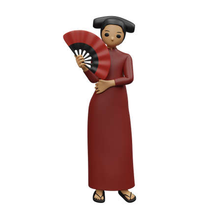 Chinesische Dame steht und hält chinesischen Fächer  3D Illustration