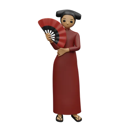 Chinesische Dame steht und hält chinesischen Fächer  3D Illustration