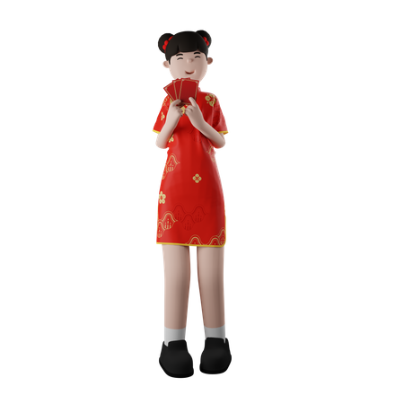 Chinesische Frau hält Angpao  3D Illustration