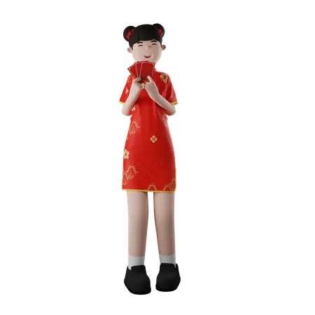 Chinesische Frau hält Angpao  3D Illustration