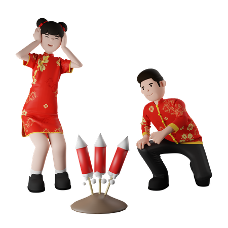 Chinesische Kinder zünden Feuerwerkskörper  3D Illustration