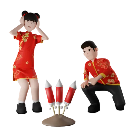 Chinesische Kinder zünden Feuerwerkskörper  3D Illustration