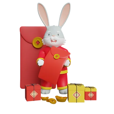 Chinesisches Kaninchenfest mit Neujahrsgeschenk und Geschenkpackung  3D Illustration