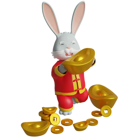 Chinesischer Hase hält Goldbarren  3D Illustration