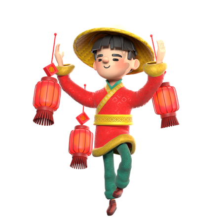 Chinese, Mann, Mit, Lampen  3D Illustration