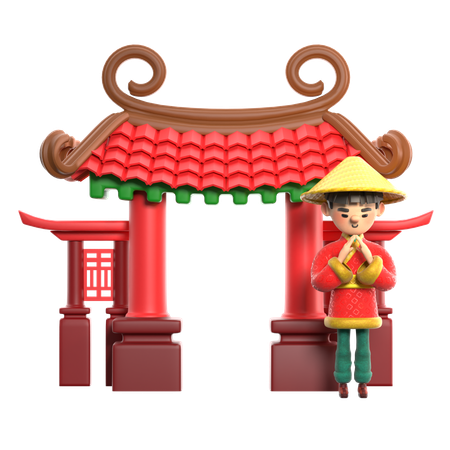 Stehender Chinese, chinesisches Tor  3D Illustration