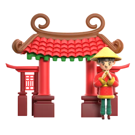 Stehender Chinese, chinesisches Tor  3D Illustration