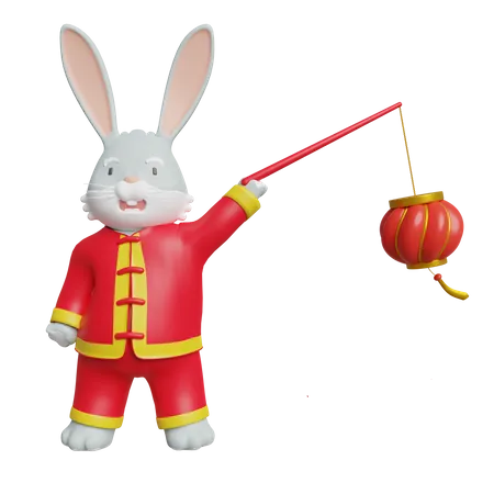 Chinesisches Kaninchen bringt chinesisches Lampion  3D Illustration