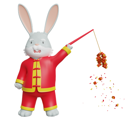 Chinesisches Kaninchen hält chinesischen Feuerwerkskörper  3D Illustration