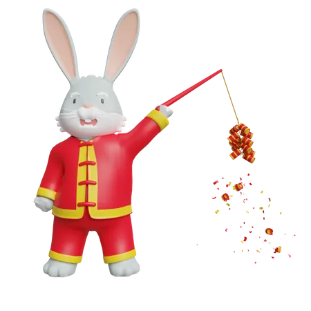 Chinesisches Kaninchen hält chinesischen Feuerwerkskörper  3D Illustration