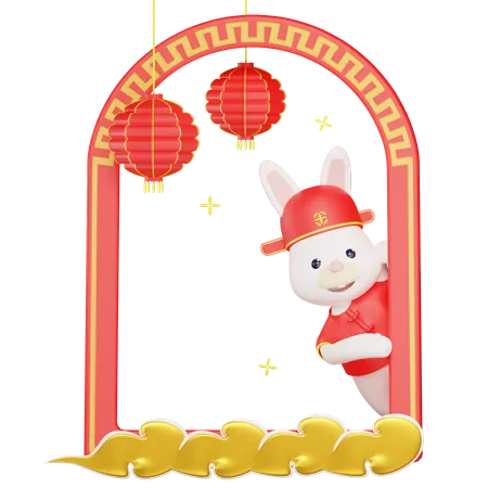 Chinesisches Kaninchen kommt aus dem Fenster  3D Illustration