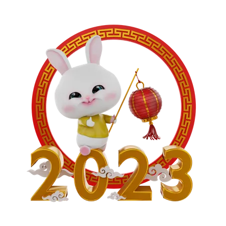 Chinesisches Kaninchen mit chinesischer Laterne im Jahr 2023  3D Illustration