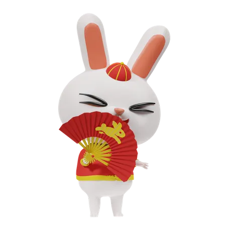 Chinesisches Kaninchen mit Fächer  3D Icon