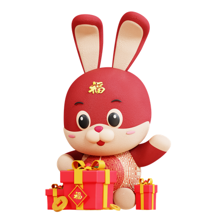 Chinesisches Kaninchen öffnet Geschenkbox  3D Illustration