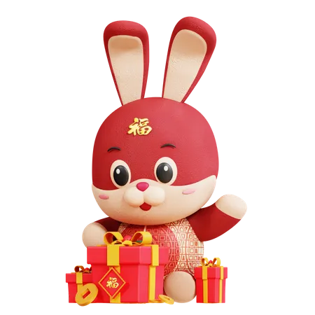 Chinesisches Kaninchen öffnet Geschenkbox  3D Illustration
