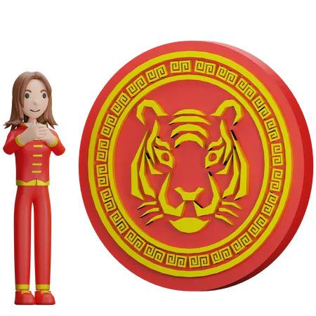 Chinesisches Mädchen betet Tigermünze  3D Illustration
