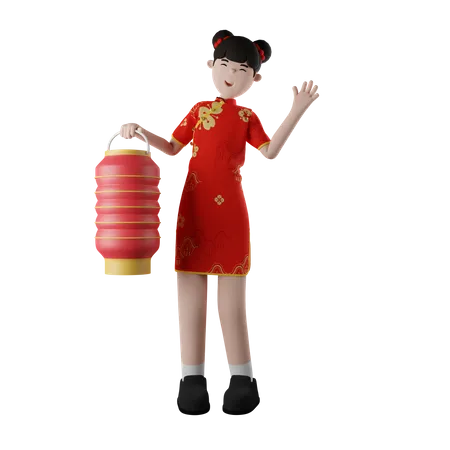 Chinesisches Mädchen mit Lentern  3D Illustration