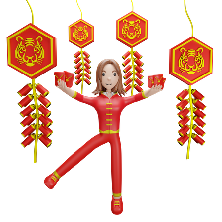 Chinesisches Mädchen mit chinesischem Feuerwerkskörper  3D Illustration