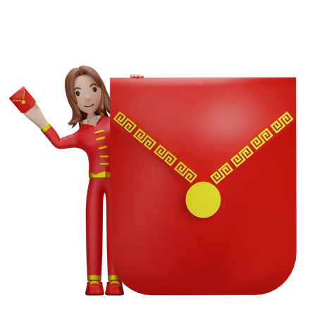 Chinesisches Mädchen mit chinesischen roten Päckchen  3D Illustration