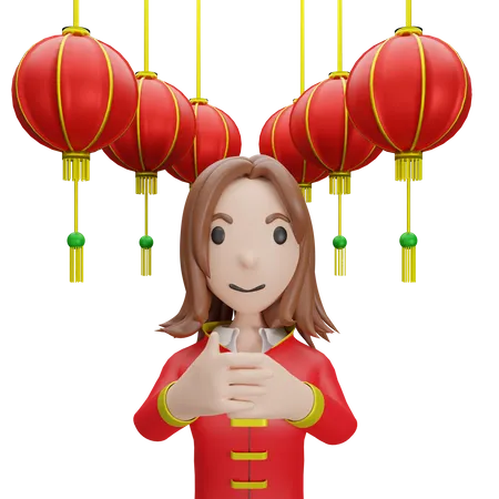 Chinesisches Mädchen mit chinesischer Lampe  3D Illustration