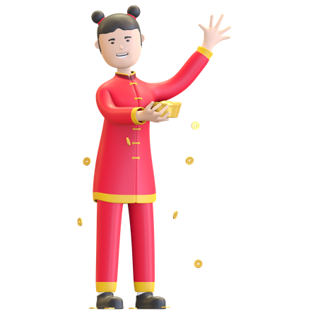 Chinesisches Mädchen mit traditionellen goldenen Sycee  3D Icon