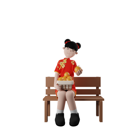 Chinesisches Mädchen sitzt mit orangefarbenem Eimer  3D Illustration