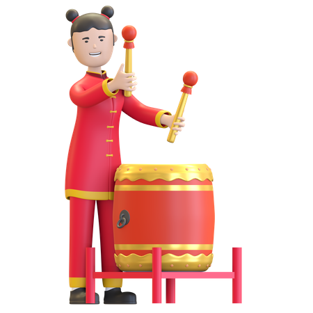 Chinesisches Mädchen spielt traditionelle Percussion-Trommel  3D Illustration
