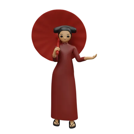 Chinesisches Mädchen steht mit chinesischem Regenschirm und zeigt etwas auf der rechten Seite  3D Illustration
