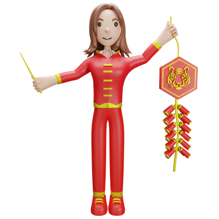 Chinesisches Mädchen zündet chinesischen Feuerwerkskörper  3D Illustration