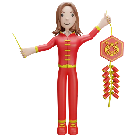 Chinesisches Mädchen zündet chinesischen Feuerwerkskörper  3D Illustration