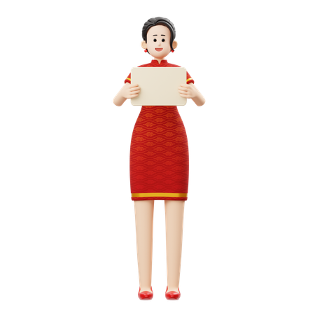 Chinesische Neujahrsfrau hält Brett  3D Illustration