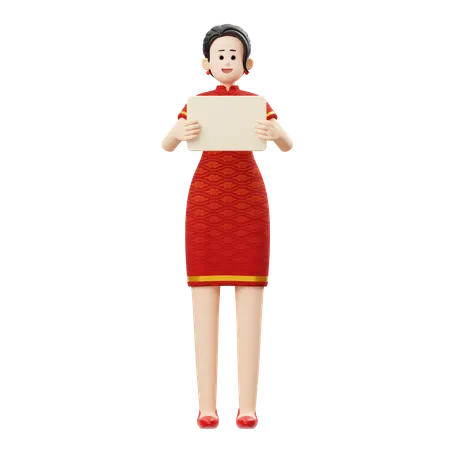 Chinesische Neujahrsfrau hält Brett  3D Illustration