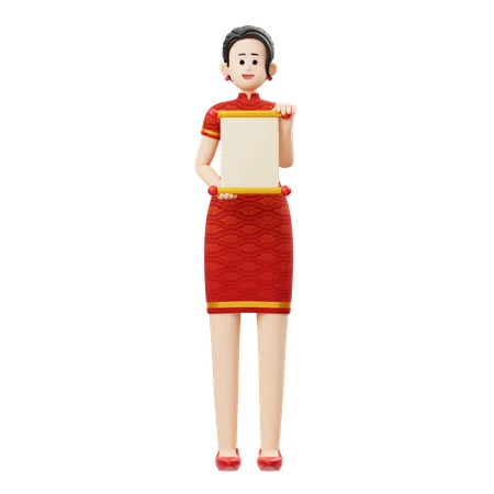 Chinesische Neujahrsfrau hält Rollenpapier  3D Illustration