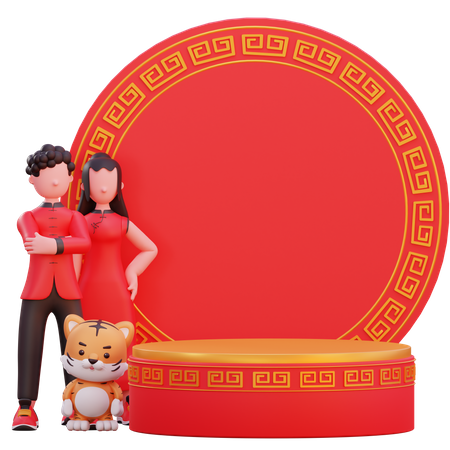 Chinesisches Paar stehend mit Tiger  3D Illustration