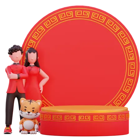 Chinesisches Paar stehend mit Tiger  3D Illustration