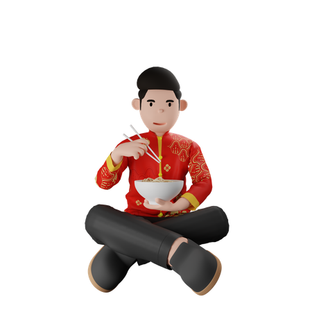 Chinsese Boy Eating Noodle  3D Illustration