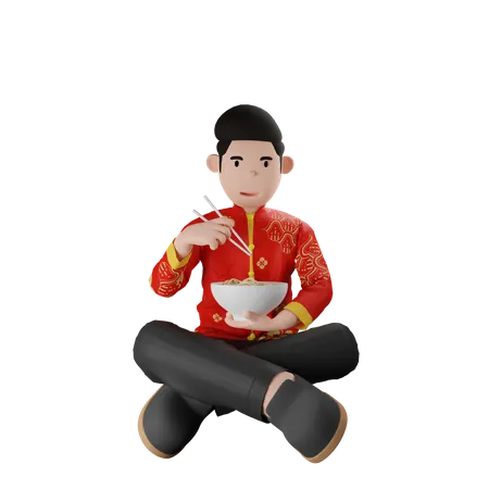 Chinsese Boy Eating Noodle  3D Illustration