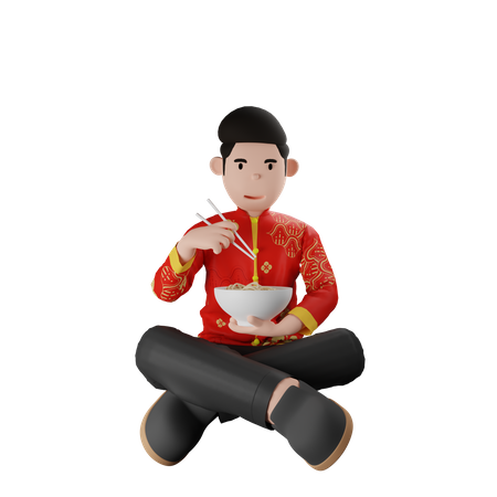 Chinsese Boy Eating Noodle 3D Illustration