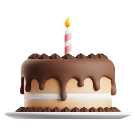 Chocolate Birthday Cake With Candle  3D Icon