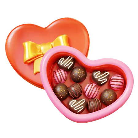 Cute Cartoon 3 D Valentines Day Birthday Chocolate Heart Box Candy Box With Gold Ribbon Gift Happy Valentines Day Anniversary Wedding Love Concept 3D Icon